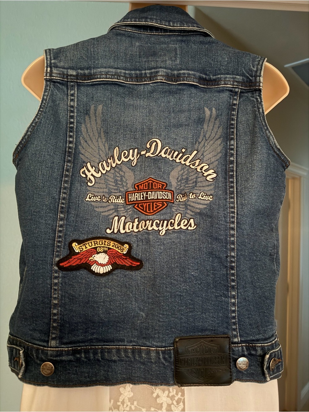 Harley-Davidson Denim Vest Moto Boho Y2K Biker Sturgis 2008 Embroidered Patch, M - Picture 7 of 16